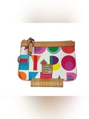 Dooney & Bourke Art Deco White Multicolor Logo Clutch with Tan Trim